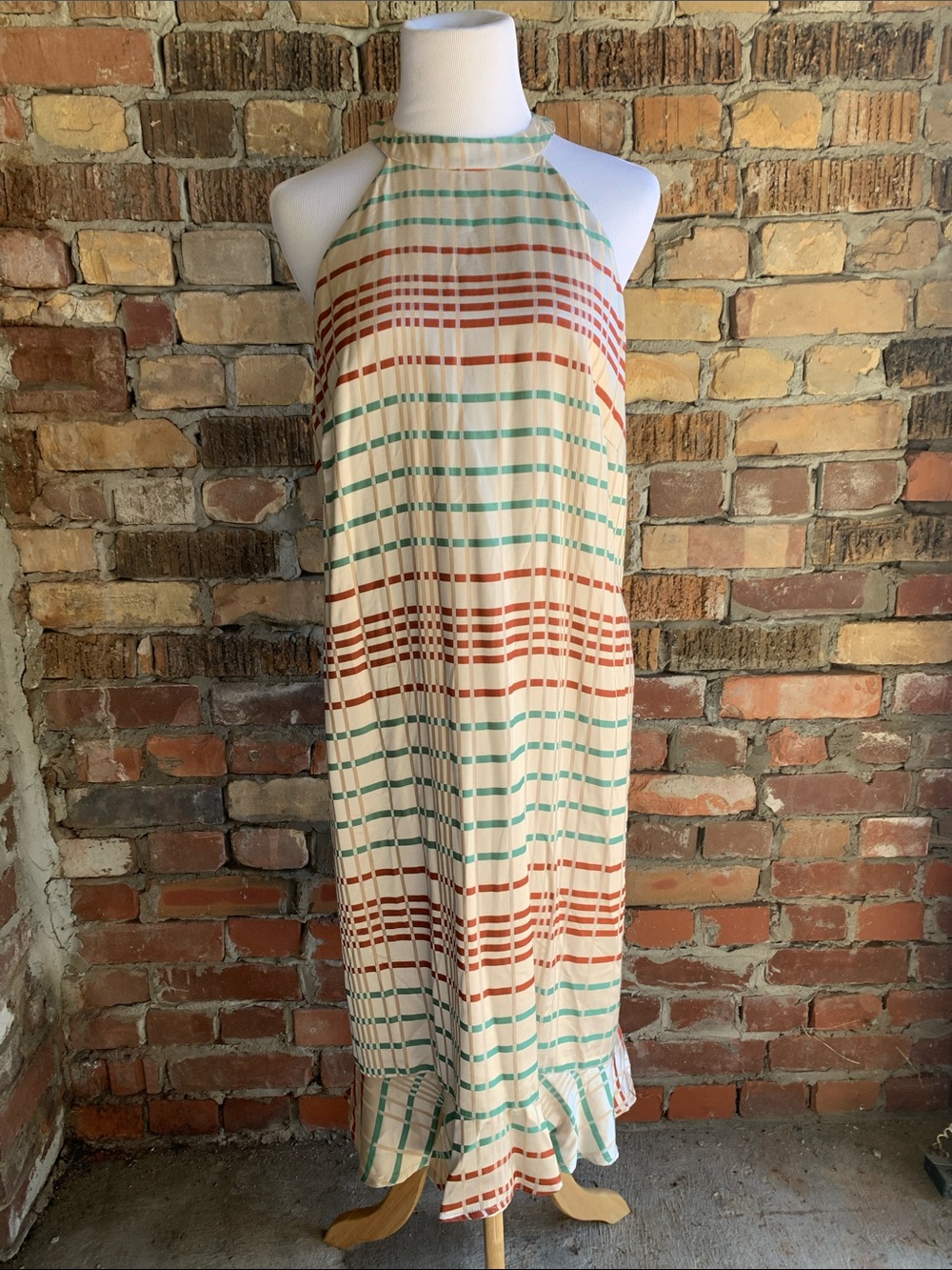 Hilary Macmillan Cream Halter Maxi Dress with Mint and Rust Stripe Detail